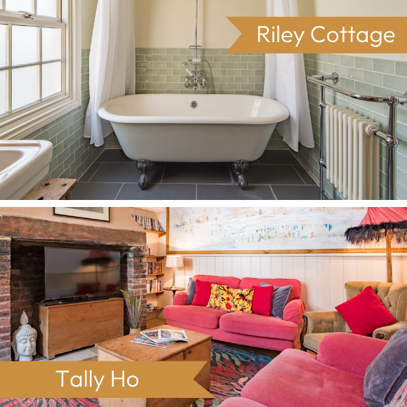 A split image showing the bathroom at Riley Cottage and the Sitting Room at Tally Ho, Deal, Kent