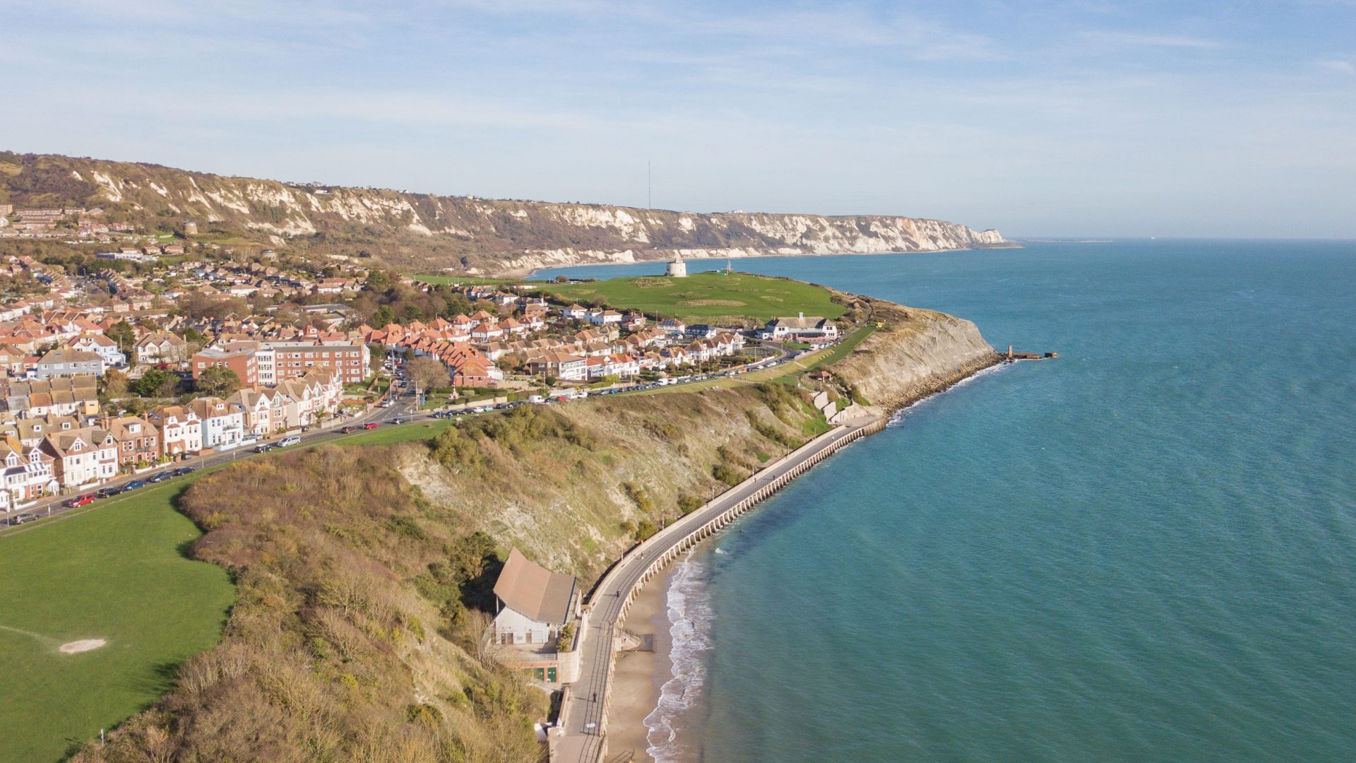 Aerial view of Folkestone, Kent. Stay nearby with Keepers Cottages.