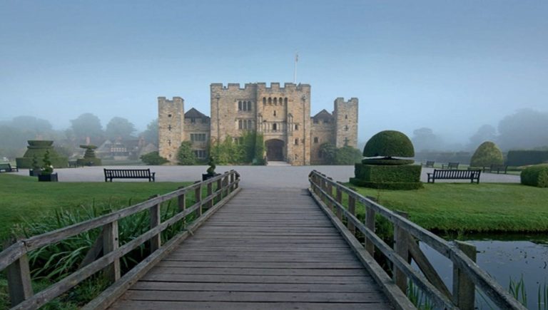 An exterior shot of Kent's Hever Castle in the autumn mist
