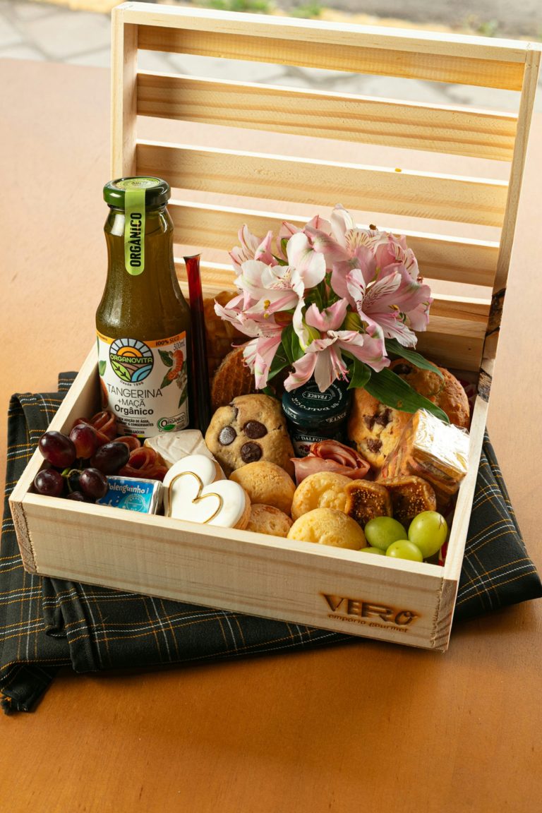 a stock image of a fresh food and flower hamper