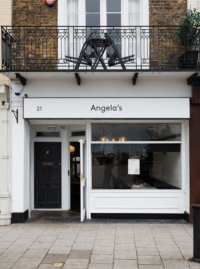 A view of the monochrome exterior of Margate restaurant, Angela's